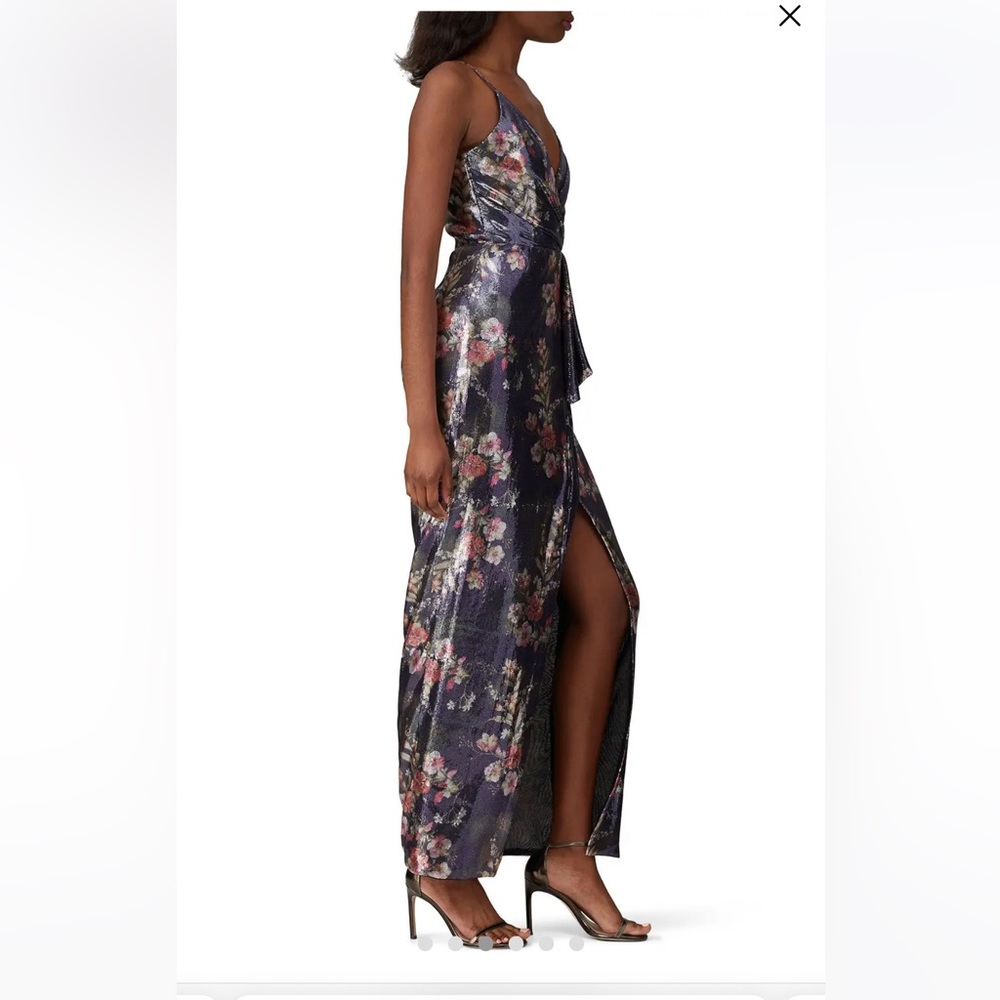 ML Monique Lhuillier Floral Sequin Surplice Gown, Black Tie, Formal, Prom Dress